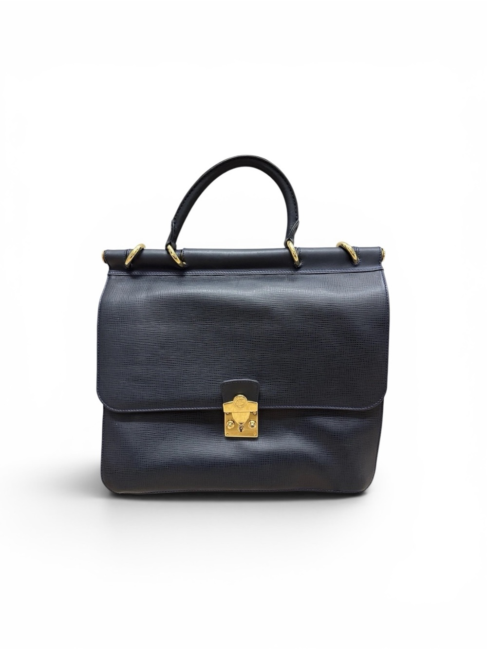 Vintage Hunting World Leather Briefcase Navy Satchel Gold Hardware Italy